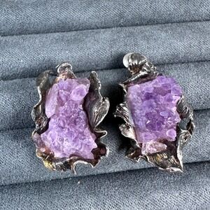Chunky Sterling Silver Amethyst Druzy Earrings Statement Artisan 1.25"